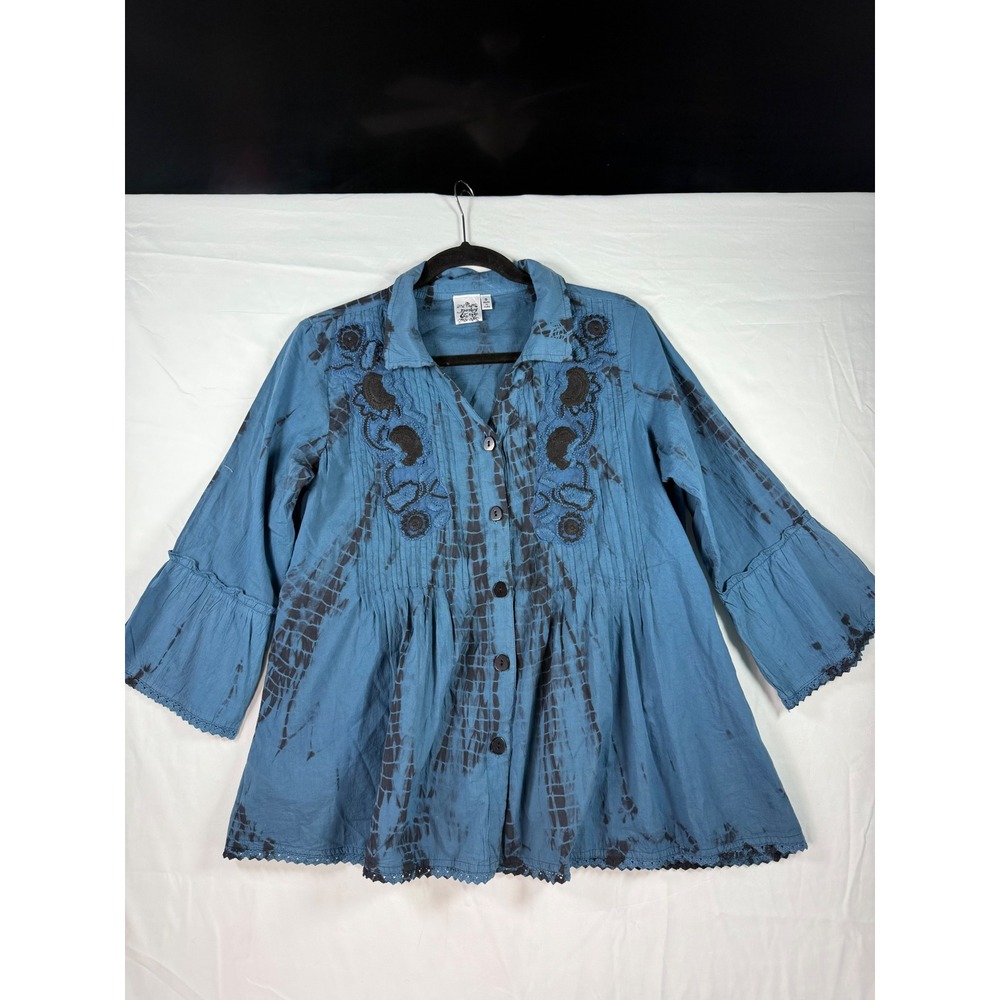 Parsley & Sage Blue Tie Dye Embroidered Tunic Top Button‎ Front Boho Small